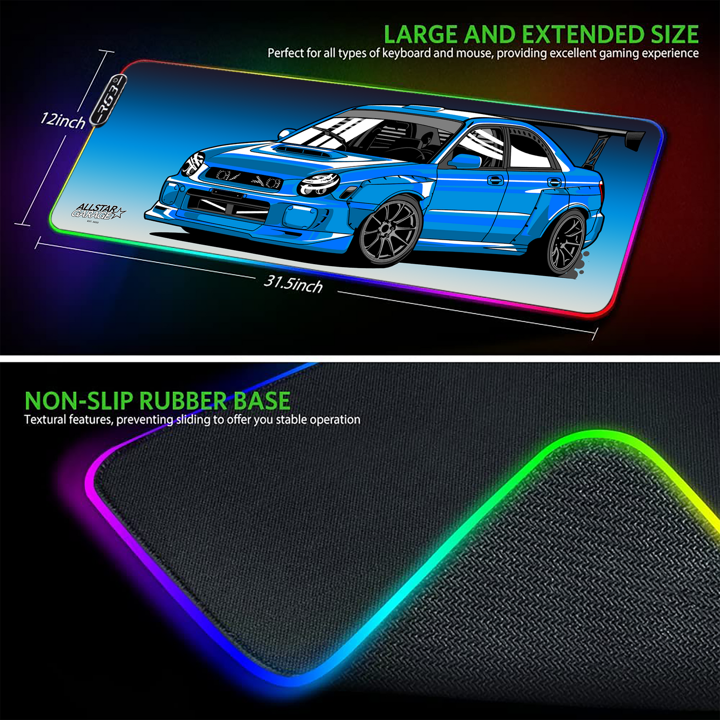 AllstarGarage 19 RGB Gaming Mouse Pad Extended Waterproof Desk pad, Subie car Design