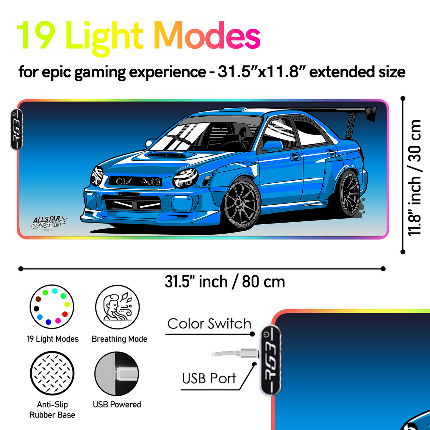 AllstarGarage 19 RGB Gaming Mouse Pad Extended Waterproof Desk pad, Subie car Design