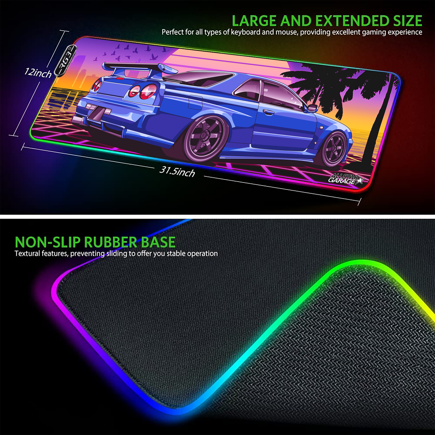 AllstarGarage 19 RGB Gaming Mouse Pad Extended Waterproof Desk pad, Skyline GTR r34 Design