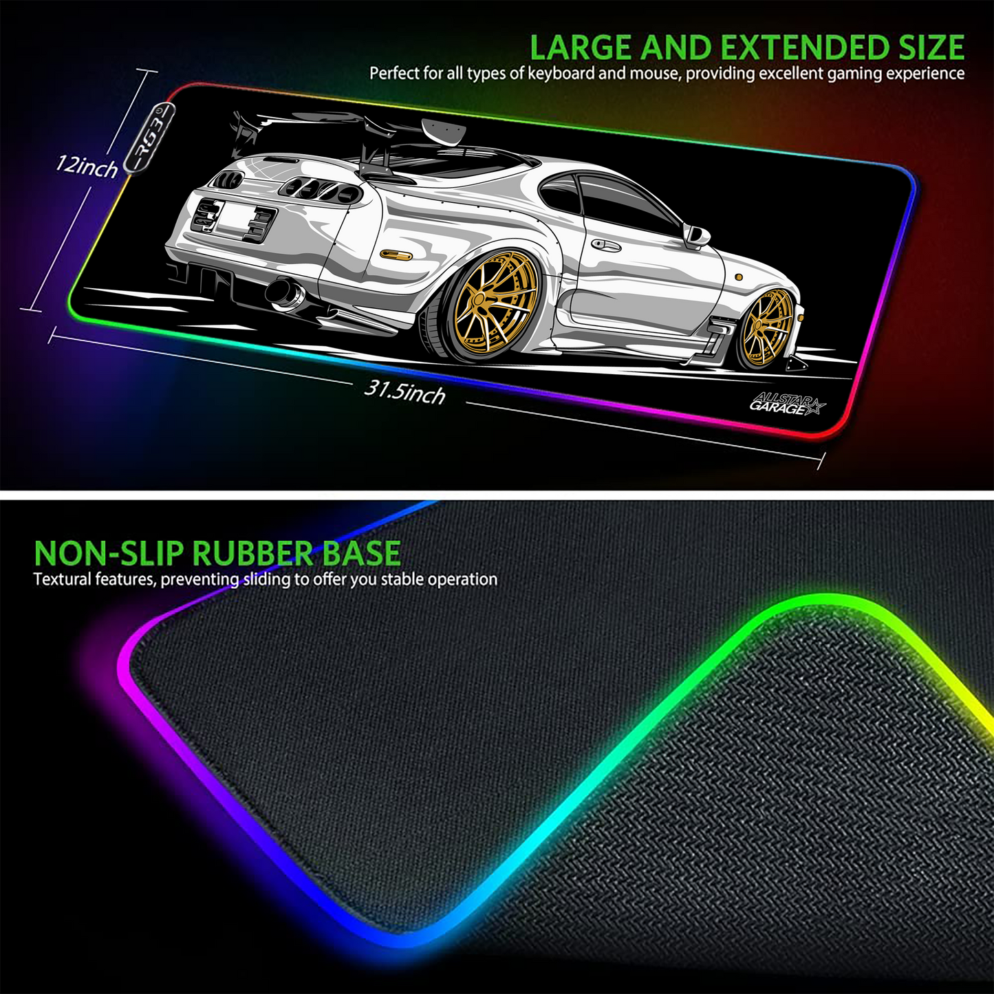 AllstarGarage 19 RGB Gaming Mouse Pad Extended Waterproof Desk pad, Supra JDM car Mousepad