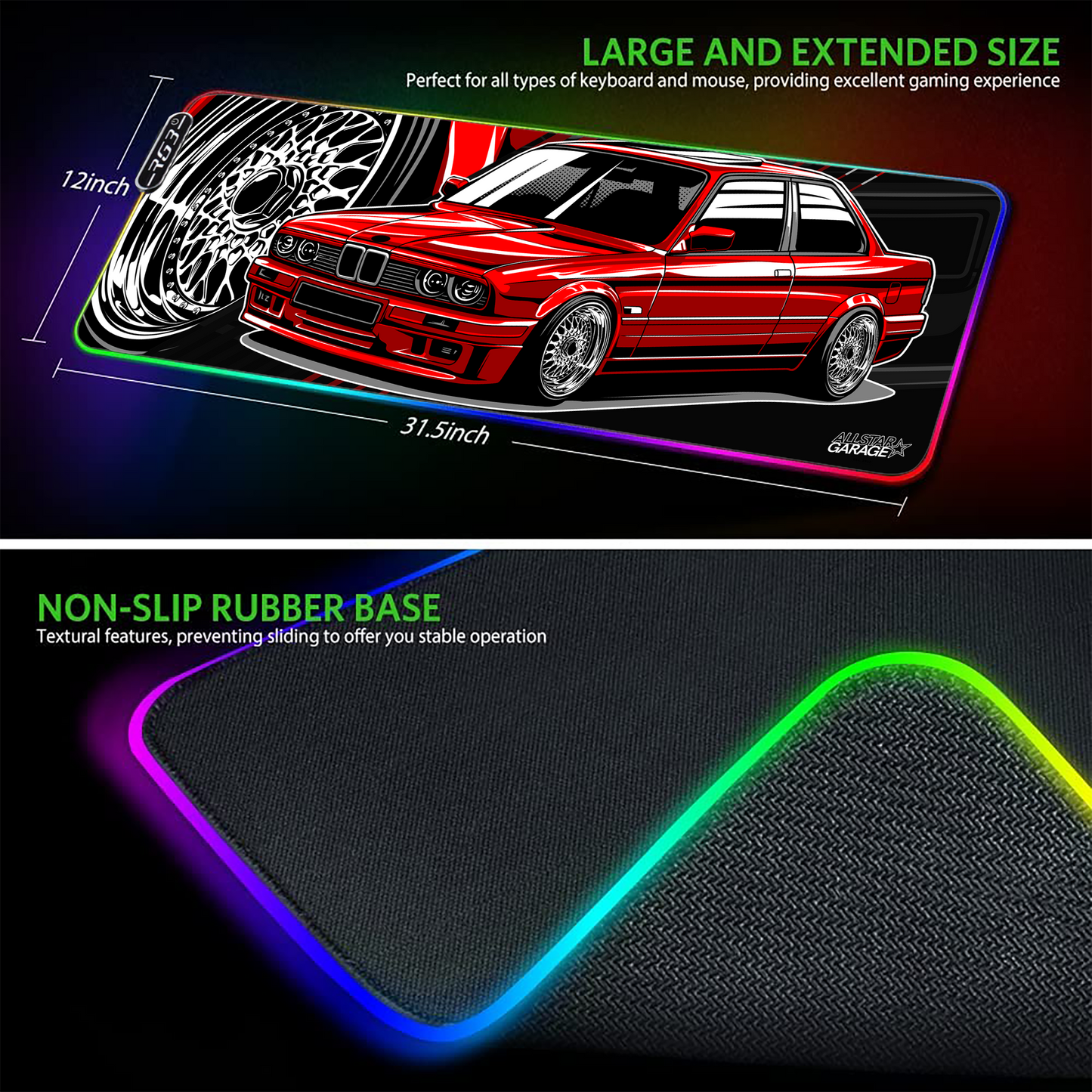 AllstarGarage 19 RGB Gaming Mouse Pad Extended Waterproof Desk pad, E30 bimmer mousepad