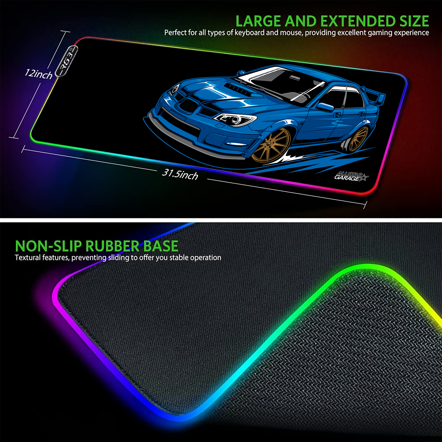 AllstarGarage 19 RGB Gaming Mouse Pad Extended Waterproof Desk pad, Subie hawkeye Design