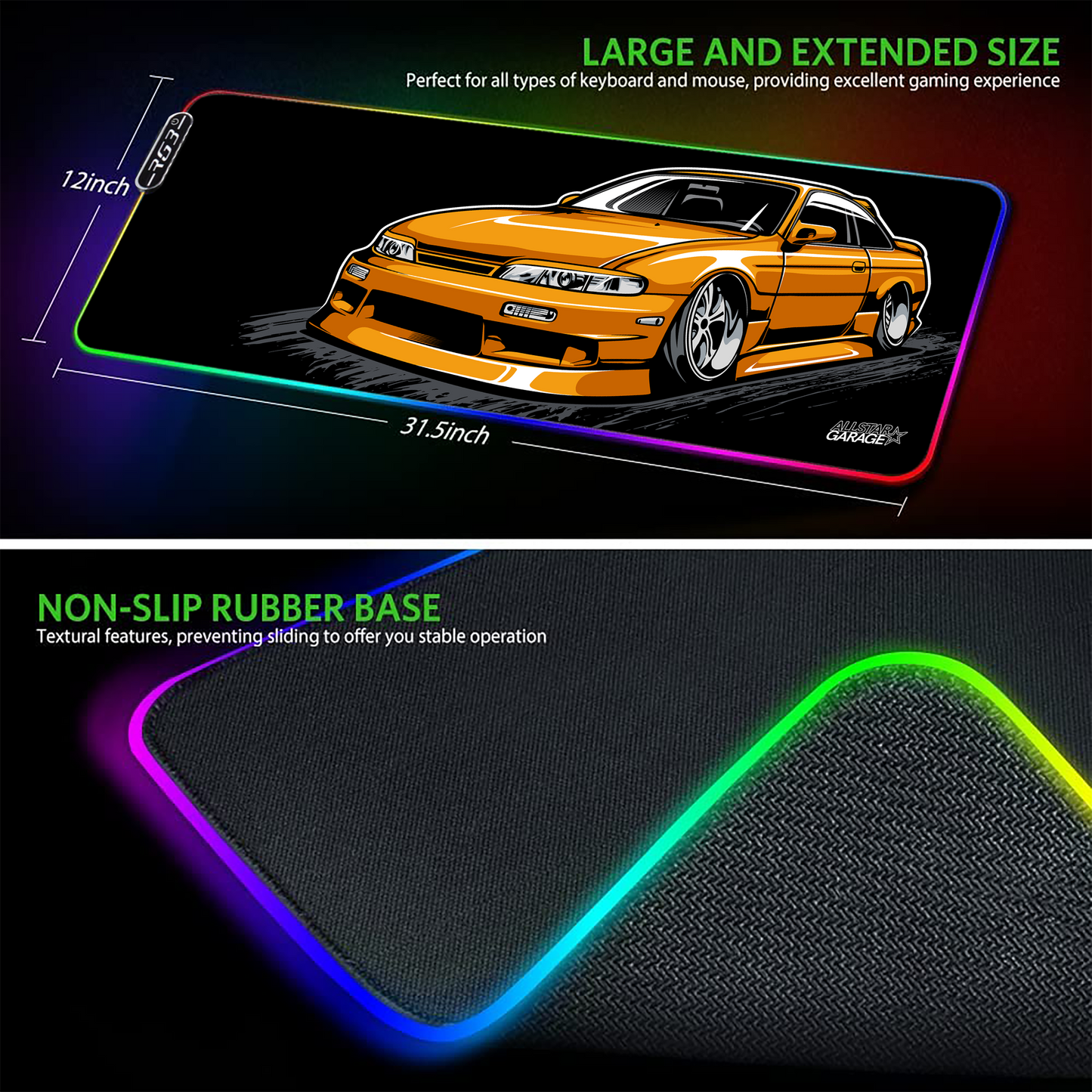 AllstarGarage 19 RGB Gaming Mouse Pad Extended Waterproof Desk pad, Drift car Design