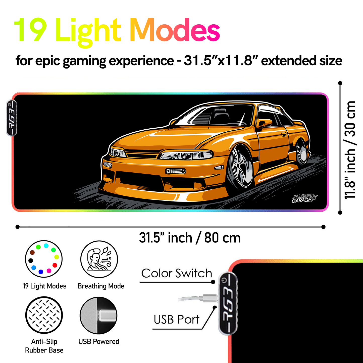 AllstarGarage 19 RGB Gaming Mouse Pad Extended Waterproof Desk pad, Drift car Design