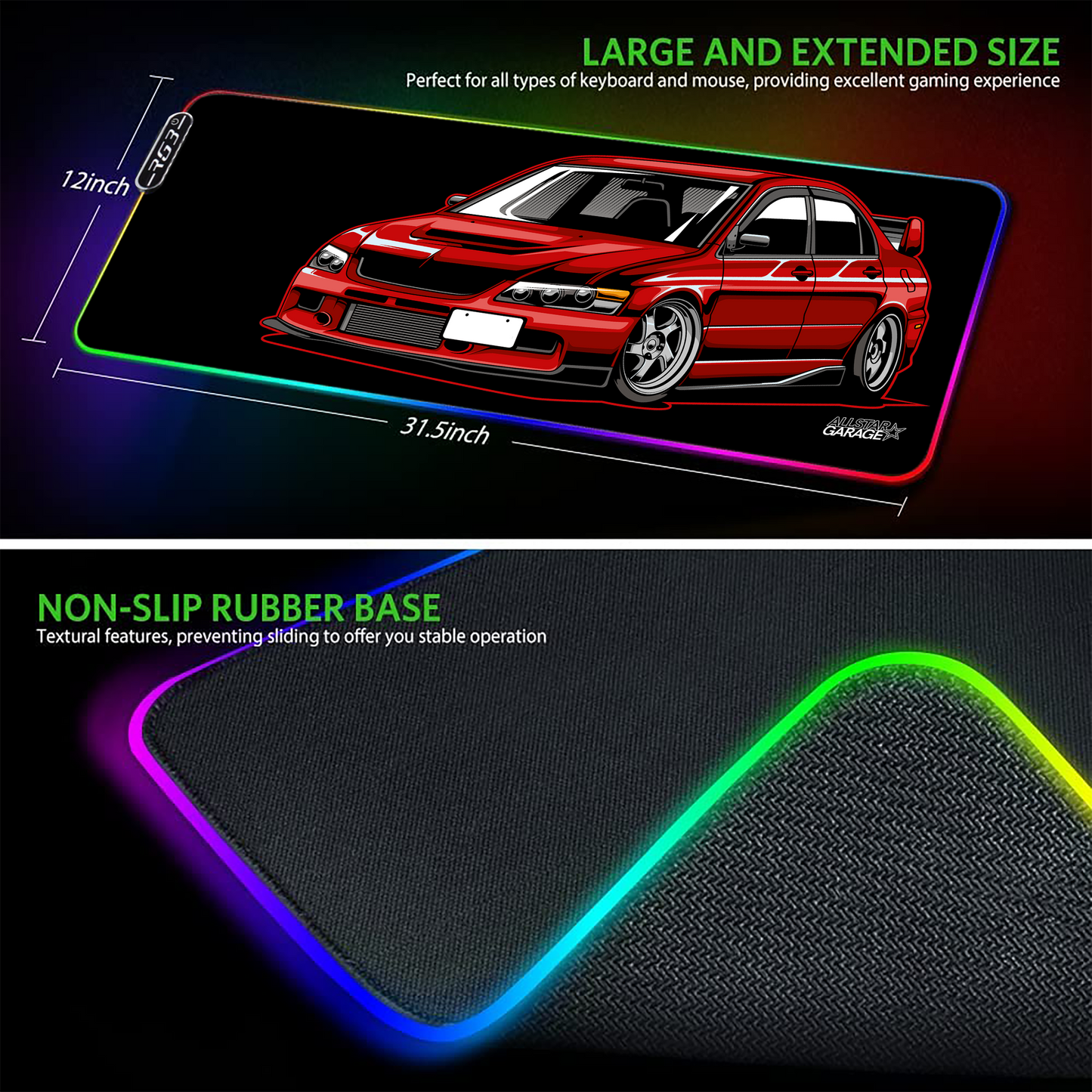 AllstarGarage 19 RGB Gaming Mouse Pad Extended Waterproof Desk pad, Lancer EVO design