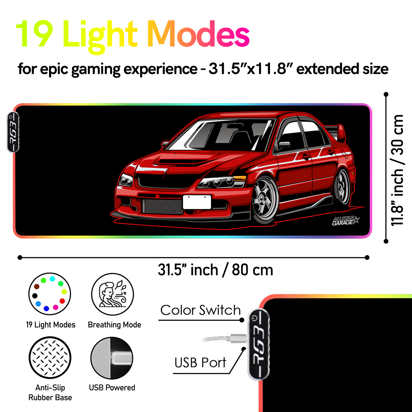 AllstarGarage 19 RGB Gaming Mouse Pad Extended Waterproof Desk pad, Lancer EVO design